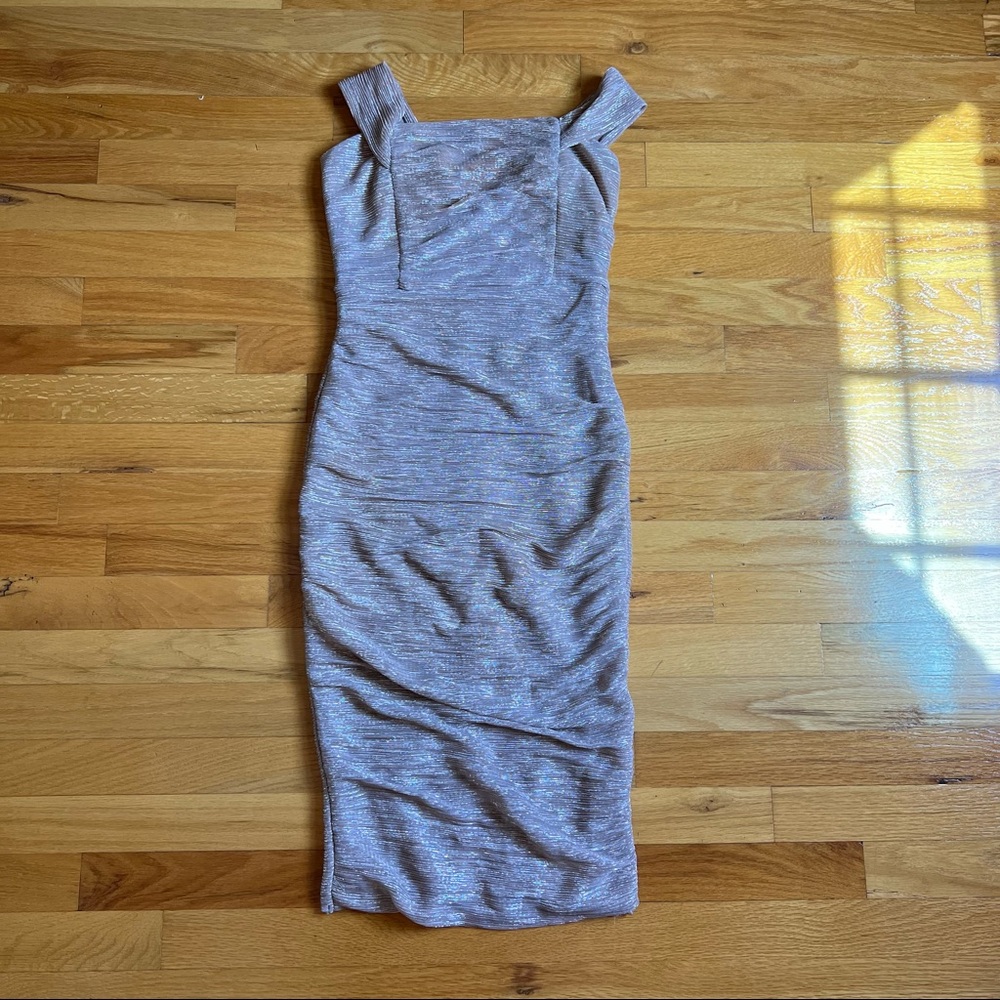Champagne bodycon off shoulder midi dress
